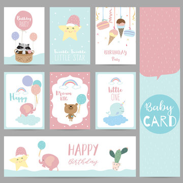 Pink blue pastel greeting card with skunk,star,bear,balloon,ice cream,narwhal,elephant,cactus,cloud and basket
