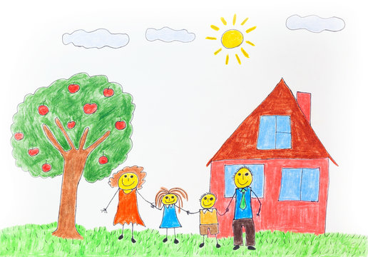 Illustration of a happy family with an apple tree and a house