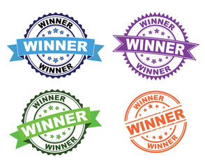 Set of rubber stamps with Winner concept in blue, purple, green and orange color