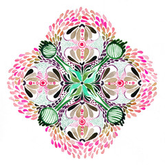 Circle of pink and green mandala on white background. Indian sign
