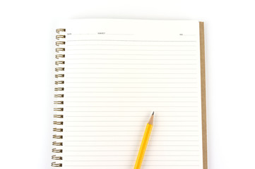 Notebook paper with pencil isolated on white background.