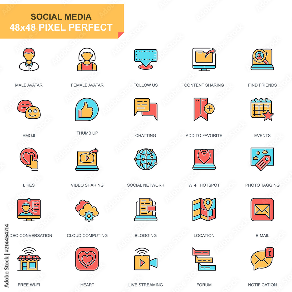 Poster flat line social media and network icons set for website and mobile site and apps. contains such ico