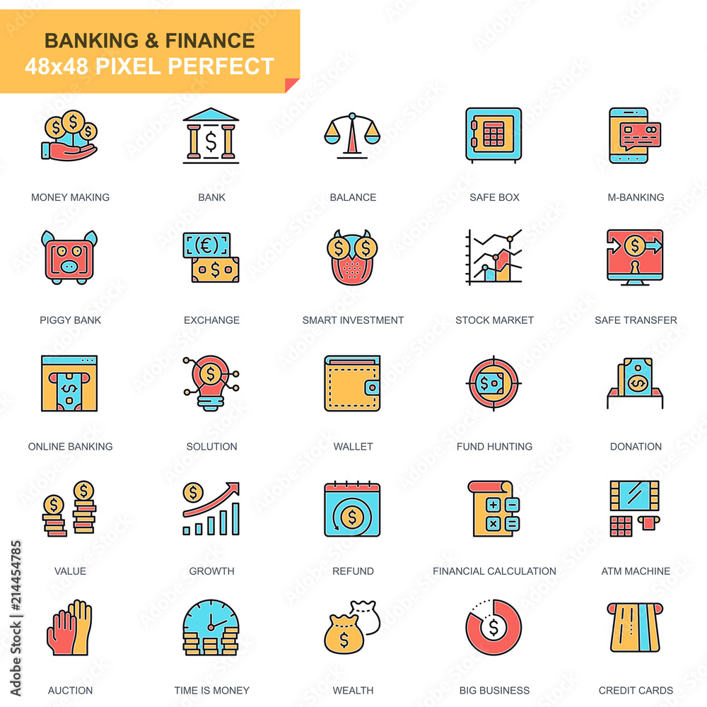Fototapete flat line banking and finance icons set for website and mobile site and apps. contains such icons as