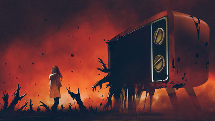junge Frau, die unter bösen Händen steht, die aus dem riesigen Fernseher kommt, digitaler Kunststil, Illustrationsmalerei © grandfailure