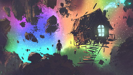 night scenery of the boy and a house in a strange place, digital art style, illustration painting
