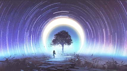 Foto op Plexiglas jonge vrouw die gitaar speelt voor de magische boom tegen stersporen en de maan aan de hemel, digitale kunststijl, illustratie, schilderkunst © grandfailure