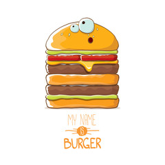 vector cartoon smiling big burger character with cheese, meat and salad icon isolated on white background. my name is burger vector concept illustration