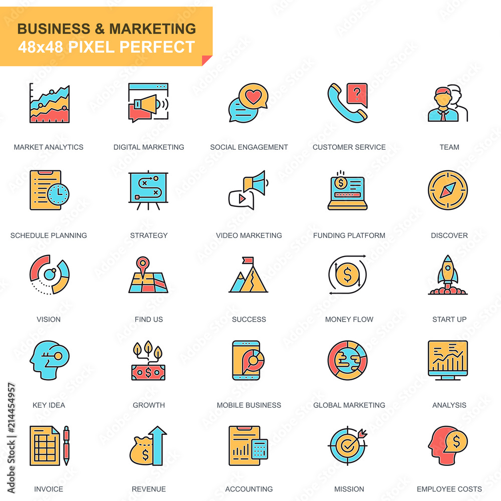 Poster Flat line business and marketing icons set for website and mobile site and apps. Contains such Icons as Vision, Mission, Planning, Market. 48x48 Pixel Perfect. Pictogram pack. Vector illustration.