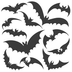 Bat silhouettes. Vector bats silhouette set, halloween scary night vampire flock isolated on white background