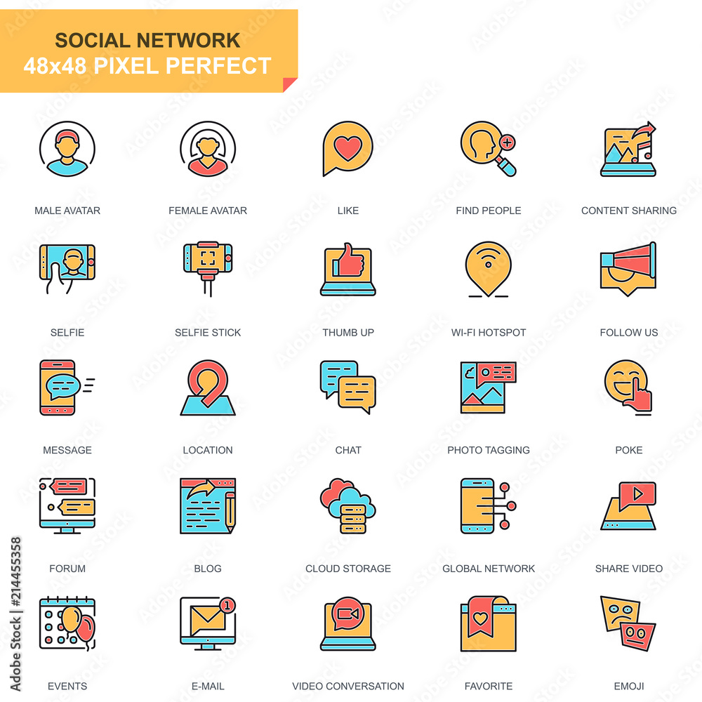 Poster flat line social media and network icons set for website and mobile site and apps. contains such ico