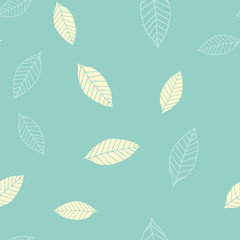 Seamless pattern with beige leaves on blue green background, raster