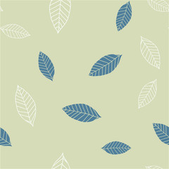 Seamless pattern with blue and beige leaves on green background, raster