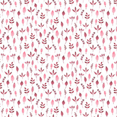 Autumn Pattern With Watercolor Leaves, Twigs And Berries On White Background