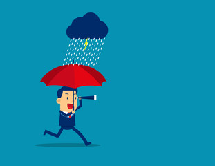 Businessman working with rainy day. Concept business vector, Binoculars, Umbrella.