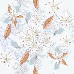 Beautiful field wild flowers and leaves in soft pastel colors