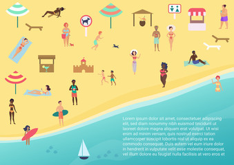 Top view vector illustration of people at beach performing leisure outdoor activities and swimming, surfing in sea or ocean.