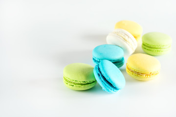Colorful Macarons Yellow Blue Green Macarons French Dessert Tasty Macarons White Background Copy Space
