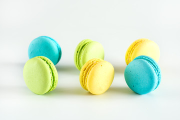 Colorful Macarons Yellow Blue Green Macarons French Dessert Tasty Macarons White Background