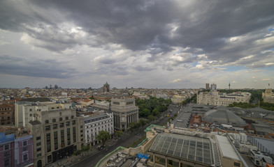Madrid, Spain cityscape above Gran Via shopping street.  Spain during sunset.