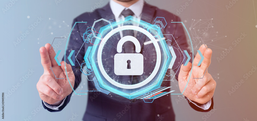 Poster man holding a padlock web security concept 3d rendering