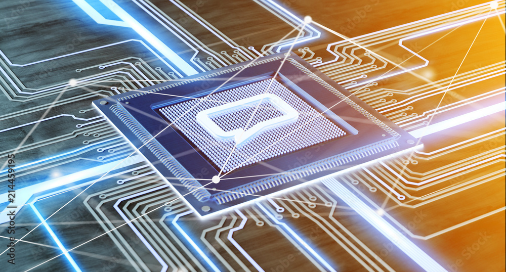 Poster cpu processor chip with a message and network connection on a circuit board - 3d render