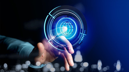 Businessman holding a Shinny technologic globe button - 3d render