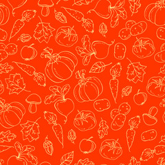 Harvest festival. Autumn vector seamless pattern of vegetables and mushrooms. Hand drawn background for textile, design, book and diary covers, wallpapers, print, gift packaging, scrapbook, printing