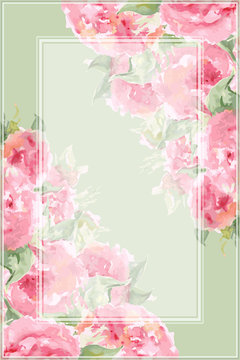 Watercolor pink tea rose peony flower floral composition frame border temple background vector