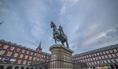 Felipe III statue in the center of Plaza Mayor in the city of Madrid, Spain