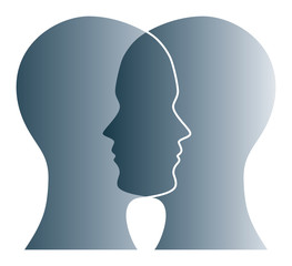 Gray silhouettes of two heads on white background. Two overlapping faces as symbol for anxiety, uncertainty, doubt and other psychological problems and questions. Isolated illustration. Vector.