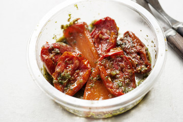 Sun dried tomatoes, red peppers with green pesto