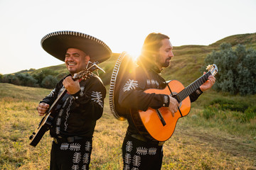 Musicians mariachi outdoor. Latin music. 