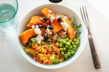 Couscous, red peppers, peas with butternut squash, blueberries and goat's cheese salad 