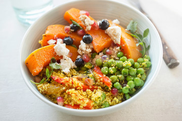 Couscous, red peppers, peas with butternut squash, blueberries and goat's cheese salad 