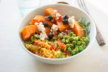 Couscous, red peppers, peas with butternut squash, blueberries and goat's cheese salad 