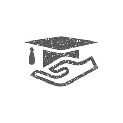 Hand holding diploma icon in grunge texture. Vintage style vector illustration.
