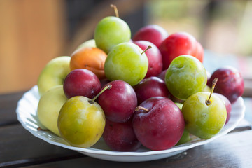Apricots, early apples, mirabelle,  green plums (ume) and plums. Summer fruits on plate. 