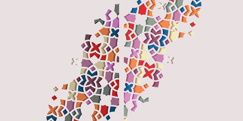 Arabic arabesque design greeting card for Ramadan Kareem. Islamic ornamental colorful mosaic. Vector illustration.