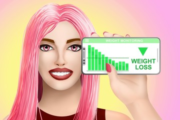 Concept weight loss. Drawn beautiful girl on vivid background. Illustration