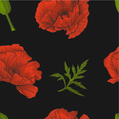 Floral seamless pattern of bright red poppies, bud and leaves on