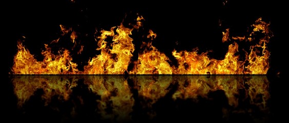 Real line of fire flames with reflection isolated on black background. Mockup on black of wall of...