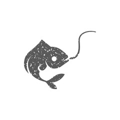 Hooked fish icon in grunge texture. Vintage style vector illustration.