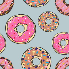Seamless pattern bright multicolored donuts in cartoon style vec
