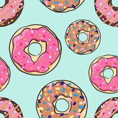 Seamless pattern bright multicolored donuts in cartoon style vec