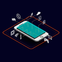 smartphone isometric with phone, chat, cloud, music, camera, wifi, thermometer, mail, game, document parts, vector illustration