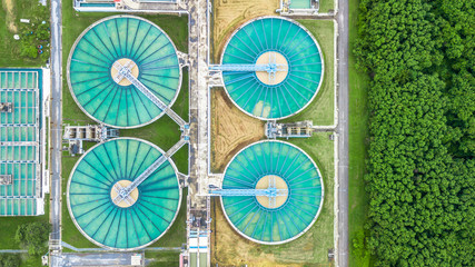 Aerial top view recirculation solid contact clarifier sedimentation tank, Water treatment plant.