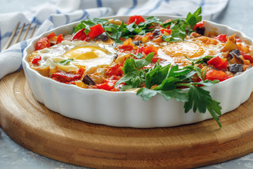 Homemade spicy shakshuka with eggs.