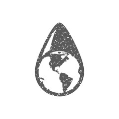 Earth water drop icon in grunge texture. Vintage style vector illustration.