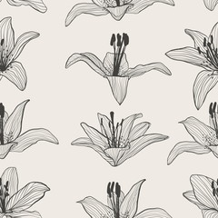 Seamless lilies pattern on beige vector background.