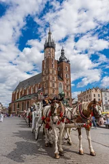 Abwaschbare Fototapete Krakau Krakau – Pferdekutschen vor der Marienkirche